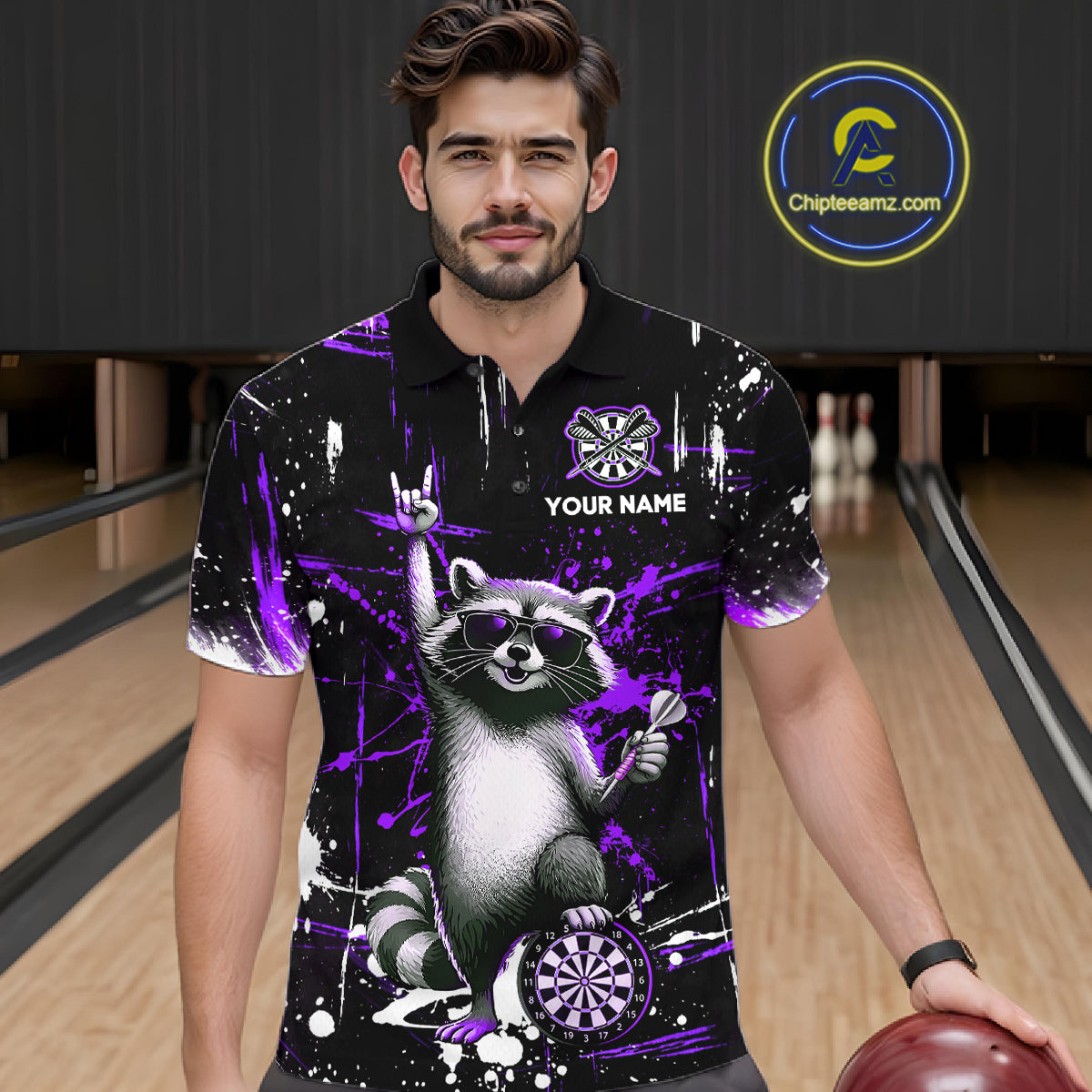 Custom Purple Funny Raccoon Dart Team Shirt for Men Dart Jersey Polo & /4-Zip Dartboard Shirt Outfit DHT29