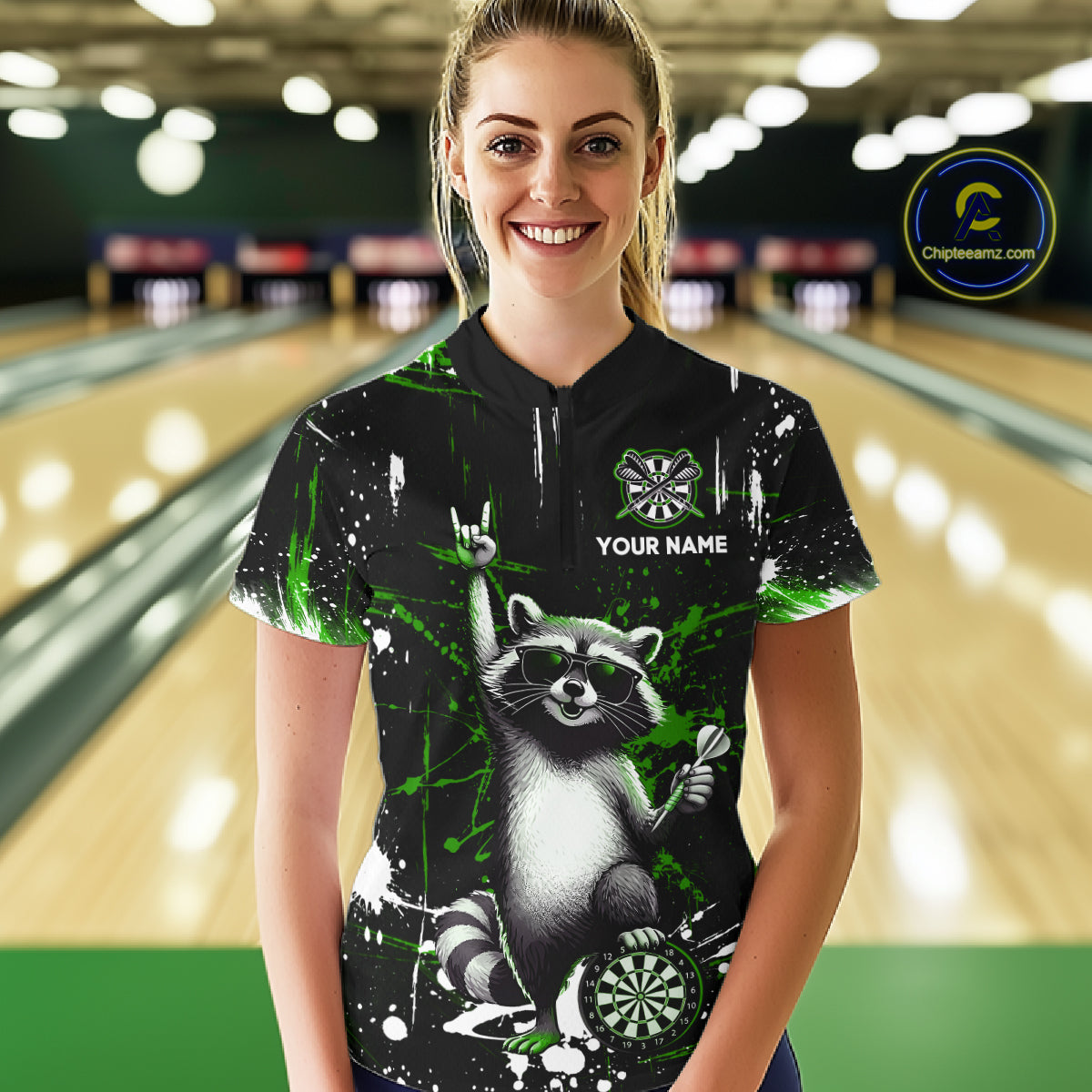 Custom Green Funny Raccoon Dart Team Shirt for Women Dart Jersey Polo & /4-Zip Dartboard Shirt Outfit DHT29