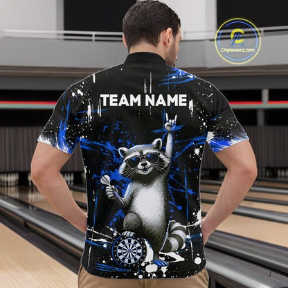 Custom Blue Funny Raccoon Dart Team Shirt for Men Dart Jersey Polo & /4-Zip Dartboard Shirt Outfit DHT29