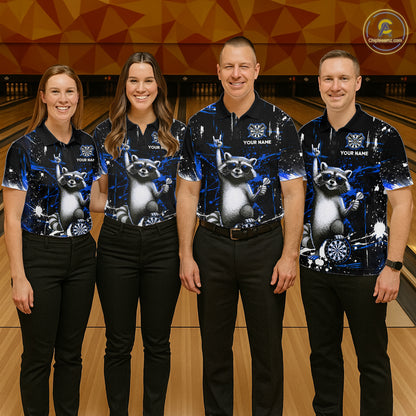 Custom Blue Funny Raccoon Dart Team Shirt for Women Dart Jersey Polo & /4-Zip Dartboard Shirt Outfit DHT29