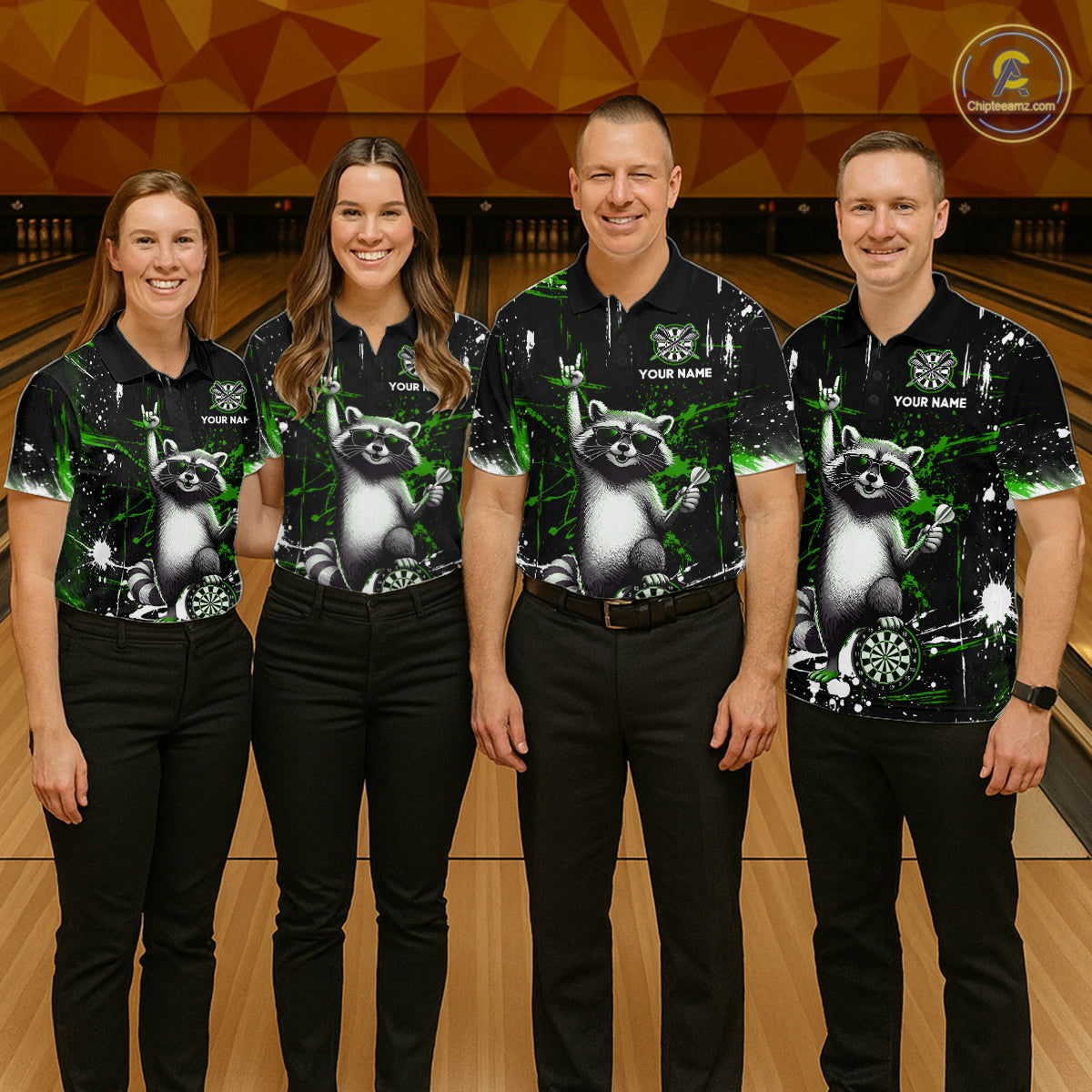 Custom Green Funny Raccoon Dart Team Shirt for Men Dart Jersey Polo & /4-Zip Dartboard Shirt Outfit DHT29