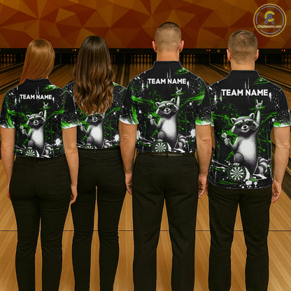 Custom Green Funny Raccoon Dart Team Shirt for Men Dart Jersey Polo & /4-Zip Dartboard Shirt Outfit DHT29