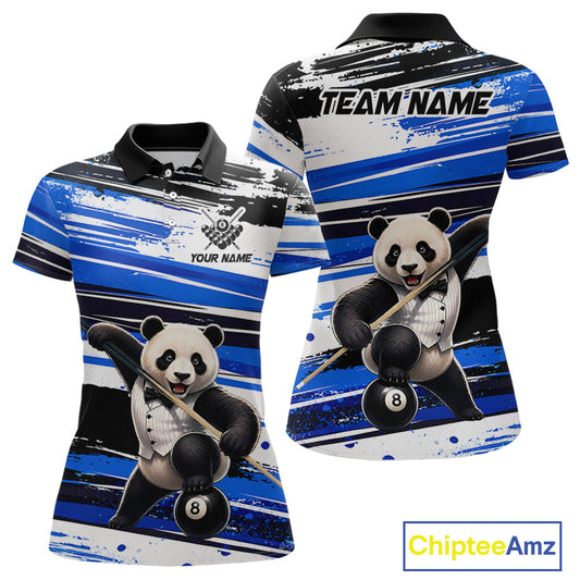Polo shirt with panda design and customizable text on a blue and black striped background