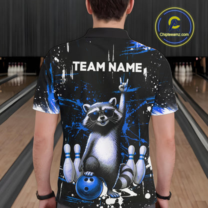 Custom Blue Funny Raccoon Bowling Shirt for Men Bowling Jersey Polo & 1/4-Zip Bowling Outfit QZT892