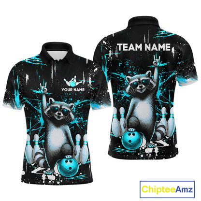 Custom Turquoise Funny Raccoon Bowling Shirt for Men Bowling Jersey Polo & 1/4-Zip Bowling Outfit QZT892