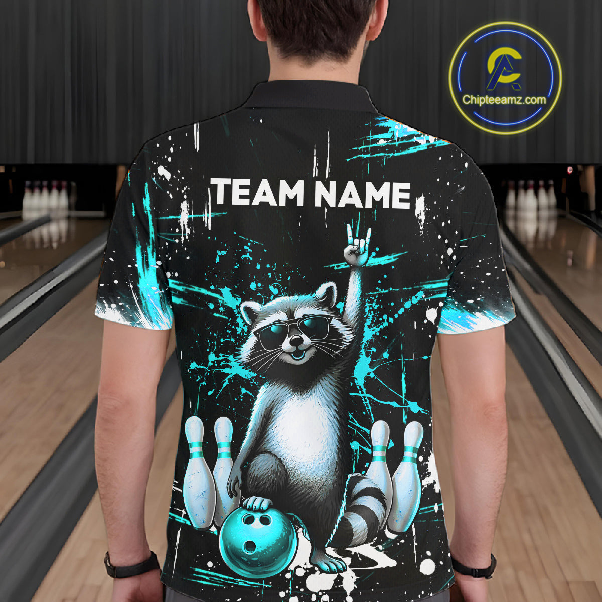 Custom Turquoise Funny Raccoon Bowling Shirt for Men Bowling Jersey Polo & 1/4-Zip Bowling Outfit QZT892