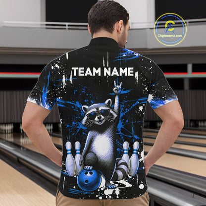 Custom Blue Funny Raccoon Bowling Shirt for Men Bowling Jersey Polo & 1/4-Zip Bowling Outfit QZT892