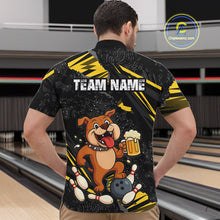 Load image into Gallery viewer, A man wearing custom black yellow bulldog bowling quarter-zip shirt back view featuring a playful cartoon mascot, bowling ball and beer mug, displaying Your Name, at the bowling alley