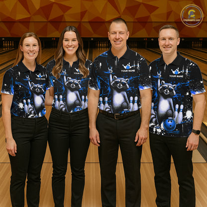 Custom Blue Funny Raccoon Bowling Shirt for Men Bowling Jersey Polo & 1/4-Zip Bowling Outfit QZT892