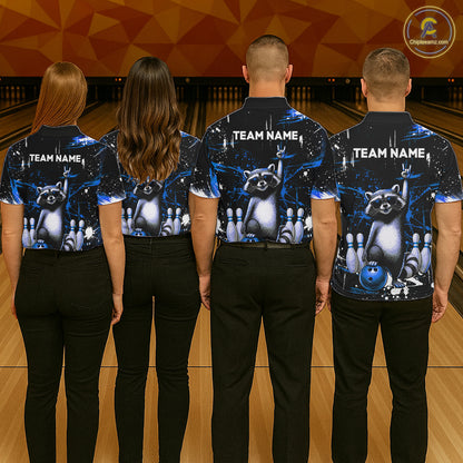 Custom Blue Funny Raccoon Bowling Shirt for Men Bowling Jersey Polo & 1/4-Zip Bowling Outfit QZT892