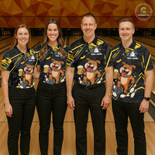 Load image into Gallery viewer, Group of four wearing custom black yellow bulldog bowling shirts front view featuring a playful cartoon mascot, bowling ball and beer mug at the bowling alley