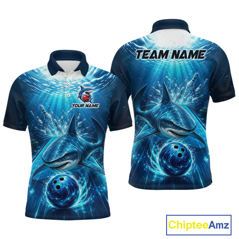 Blue polo shirt with shark design and customizable text on a white background