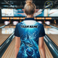 Load image into Gallery viewer, Person wearing a bowling shirt with a shark design and 'TEAM NAME' text in a bowling alley.