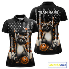Load image into Gallery viewer, Two views of american flag polo shirt with raccoon design and customizable text on a white background