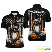 Load image into Gallery viewer, Two views of american flag shirt with raccoon design on front and back, featuring American flag and bowling elements, with 'Chiptee Amz' branding.