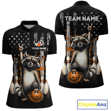 Load image into Gallery viewer, Two views of american flag quarter-zip shirt with raccoon design and customizable text on a white background