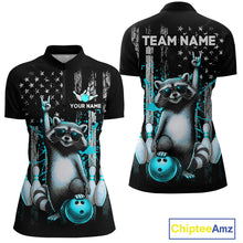 Load image into Gallery viewer, Two views of American flag quarter-zip shirt with raccoon design and customizable text on a white background