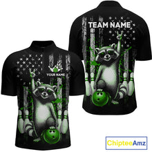 Load image into Gallery viewer, Two views of american flag quarter-zip jersey with raccoon design and customizable text on a white background