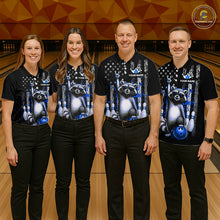 Load image into Gallery viewer, Four people wearing matching black shirts with raccoon and bowling design on a bowling alley.