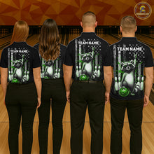 Load image into Gallery viewer, Four people wearing black shirts with a raccoon graphic and 'Team Name' text on a bowling alley background.