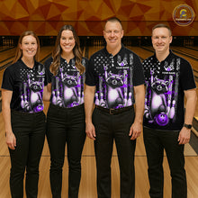 Load image into Gallery viewer, Four people wearing matching black shirts with a raccoon design on a bowling alley.