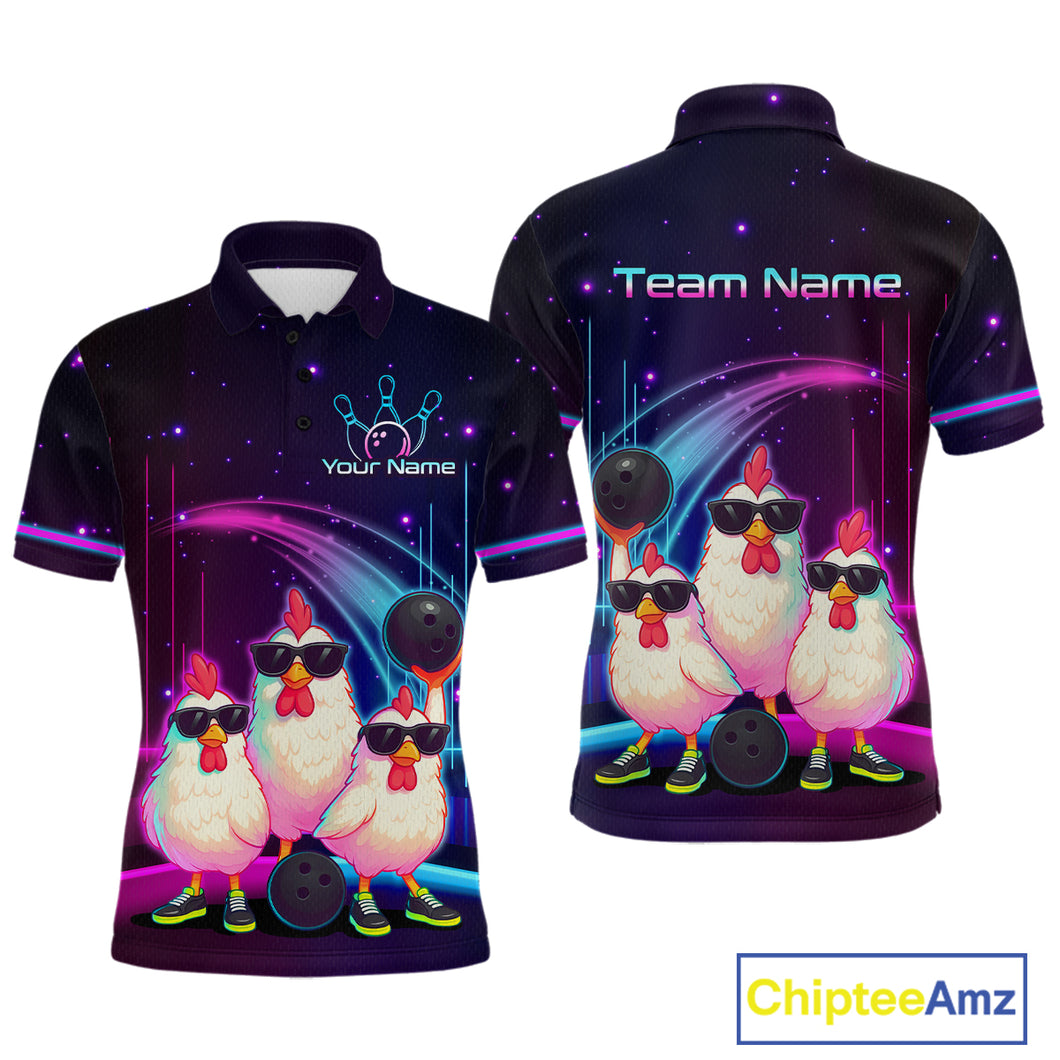 Neon Funny Family of Three Chicken Bowling Team Shirt for Men Bowling League Jersey QZT761