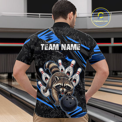 Personalized Blue Raccoon Bowling Shirt for Men Bowling Jersey League Polo & 1/4-Zip Outfit QZT1014