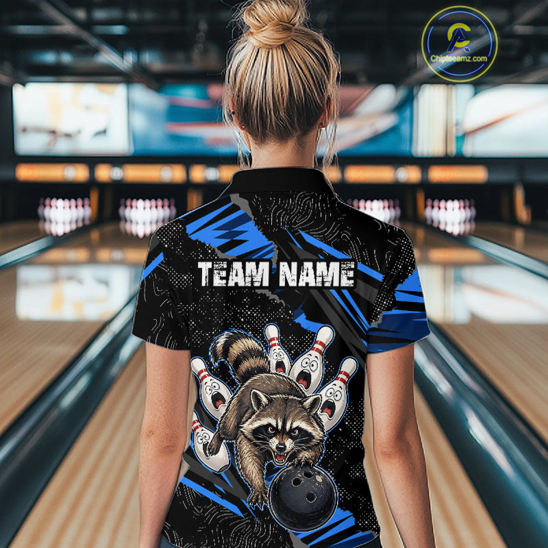 Personalized Blue Raccoon Bowling Shirt for Women Bowling Jersey League Polo & 1/4-Zip Outfit QZT1014