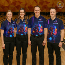 Load image into Gallery viewer, Group of four wearing custom navy alligator bowling shirts front view featuring a glowing bowling ball and neon blue purple artwork at the bowling alley
