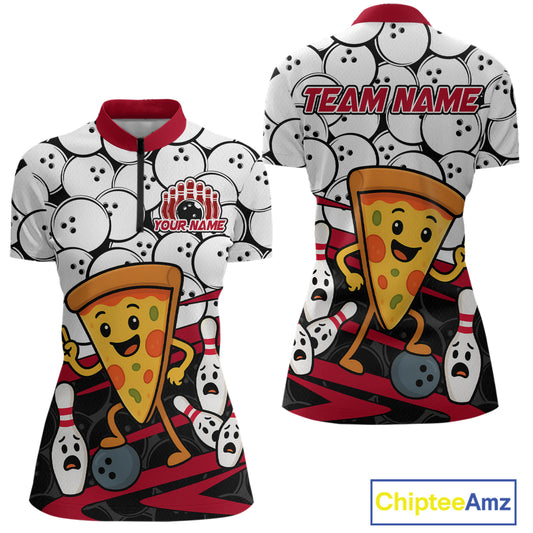 Custom Red Funny Pizza Bowling Shirt Bowling with Food for Women Polo Bowling Jersey QZT799