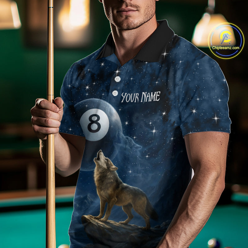 Person wearing a blue polo shirt with a wolf and number 8 design, holding a pool cue in a billiards setting.