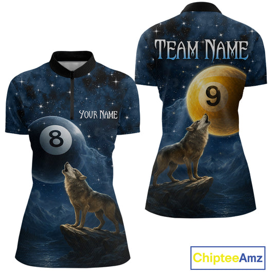 Two views of a quarter-zip jersey with wolf and pool ball design, featuring 'Team Name' and 'Your Name' text.