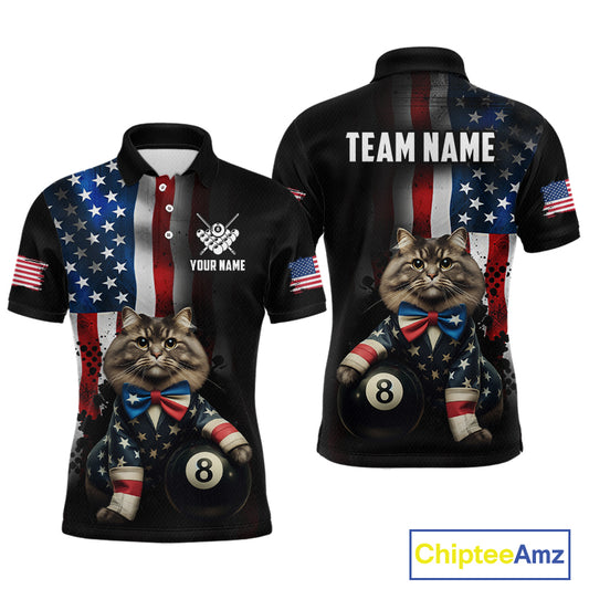 Black short-sleeve polo shirt shown from front and back with a patriotic American flag print, a cat wearing a bow tie and holding an 8-ball, and customizable text areas including 'TEAM NAME' and 'YOUR NAME'.