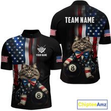 Load image into Gallery viewer, Custom short-sleeve jersey shown from front and back on a white background. The jersey features a black base with an American flag pattern, a large graphic of a cat in a star-patterned suit holding an 8-ball, and customizable text areas reading 'TEAM NAME' and 'YOUR NAME'.