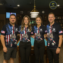 Load image into Gallery viewer, A team of four pool players stand in front of a blue felt pool table in a billiards room. All four are wearing the front view of the custom black billiards polo shirt with the distressed US flag, a cat and 8-ball motif, and 'YOUR NAME' text placeholder. 
