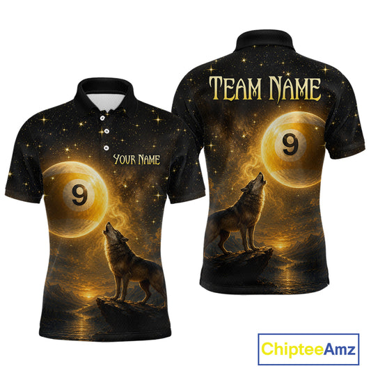 Front and back views of a black short-sleeve polo shirt featuring a cosmic 9-ball pool design with a howling wolf, gold stars, and customizable text placeholders 'TEAM NAME' and 'YOUR NAME'.