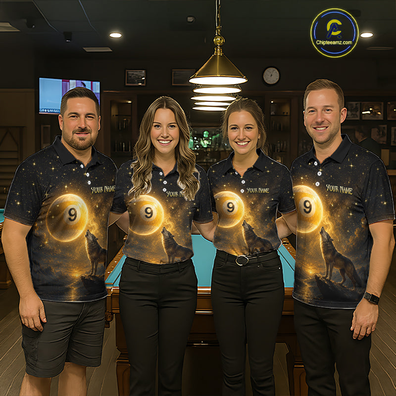 Four people standing in a dimly lit bar or lounge wearing matching dark polo shirts with a glowing gold circular graphic and the text 'Your Name' on the chest. A pool table is visible behind them