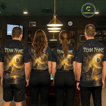 Four people standing with their backs to the camera in a dimly lit indoor setting, wearing matching custom-printed dark blue and black short-sleeve jerseys with a gold pool ball graphic, wolf howling silhouettes, and 'TEAM NAME' text on the back.