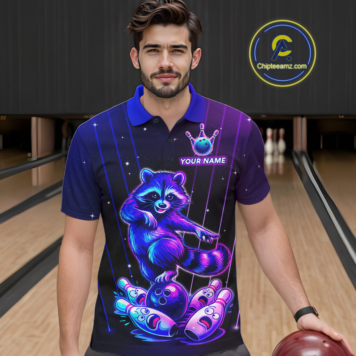 Neon Raccoon Bowling Shirt for Men Custom Bowling Team Jersey Polo & 1/4-Zip Bowling Outfit QZT848
