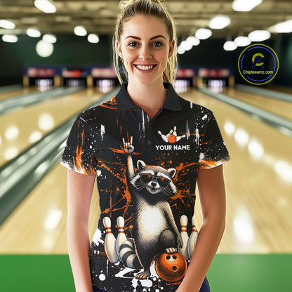 Orange Funny Raccoon Bowling Team Shirt Customized Bowling League Polo & 1/4 Zip Gift for Women QZT852