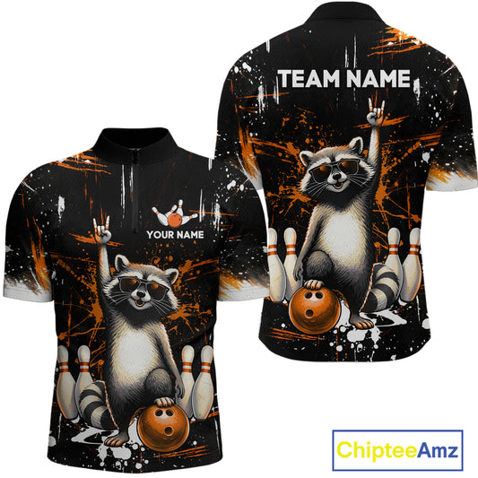 Orange Funny Raccoon Bowling Team Shirt Customized Bowling League Polo & 1/4 Zip Gift for Men QZT852