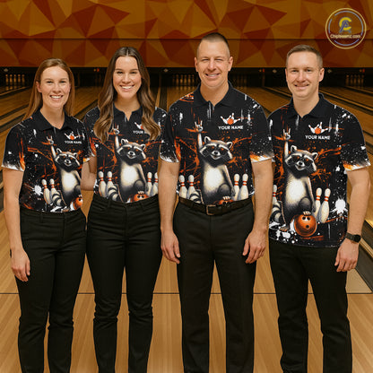 Orange Funny Raccoon Bowling Team Shirt Customized Bowling League Polo & 1/4 Zip Gift for Women QZT852
