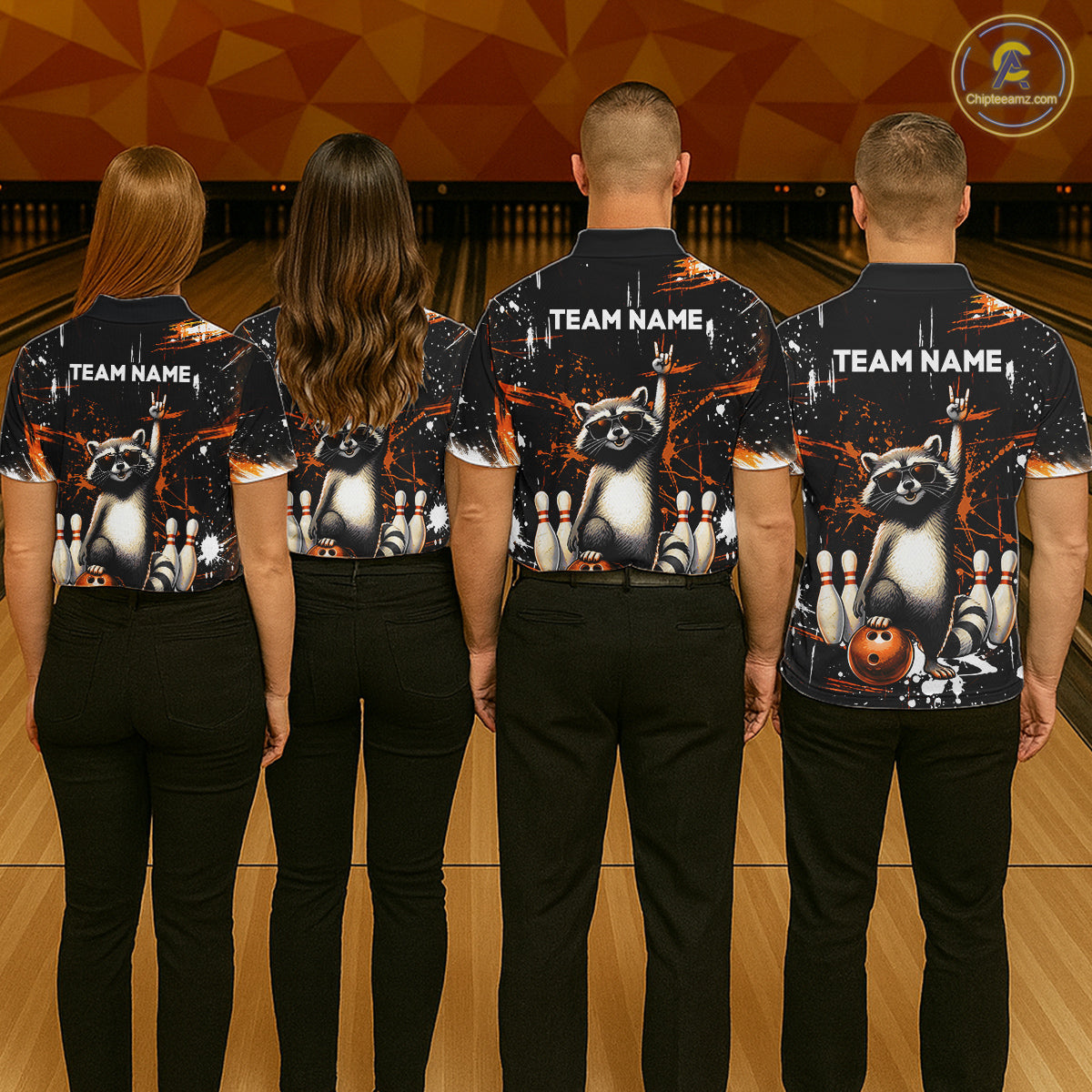 Orange Funny Raccoon Bowling Team Shirt Customized Bowling League Polo & 1/4 Zip Gift for Women QZT852