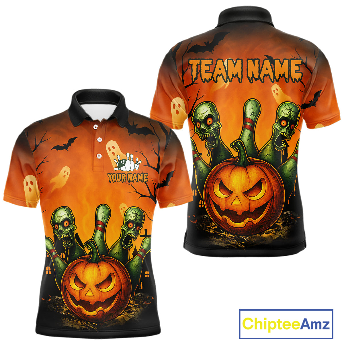 Halloween-themed polo shirt with pumpkins and zombies on a white background