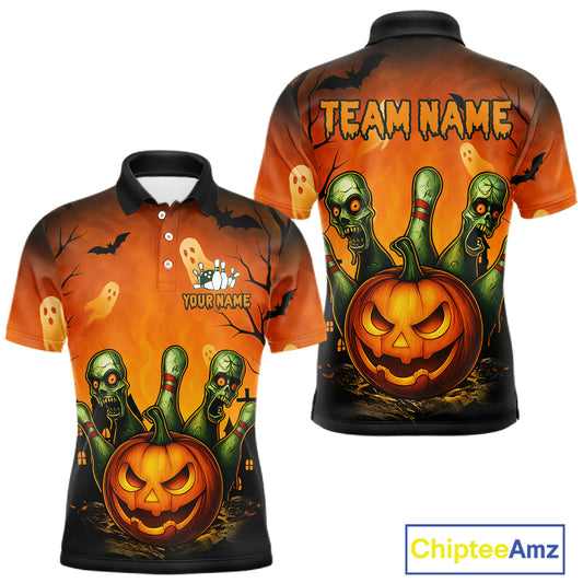 Halloween-themed polo shirt with pumpkins and zombies on a white background