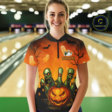 Load image into Gallery viewer, Custom Orange Bowling Team Shirt for Women Funny Pumkin Bowling Jersey Halloween QZT774