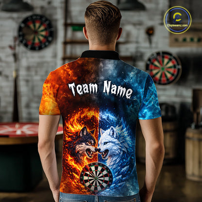 Back view of a man wearing a custom fire and ice wolf dart polo with personalized team name and a fierce wolf, flaming dartboard, and blue icy flames in a professional dart room.
