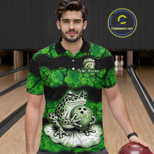 Load image into Gallery viewer, A man wearing a green and black striped polo shirt with a frog and bowling ball graphic, standing in a bowling alley. The shirt has 'Your Name' printed on the chest and a circular 'Chileteamz.