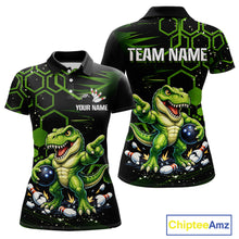 Load image into Gallery viewer, Custom short-sleeve polo shirt shown from the front and back, featuring a green dinosaur graphic with bowling pins and bowling balls on a black and neon green hexagonal patterned background. Includes customizable text placeholders 'YOUR NAME' and 'TEAM NAME'.