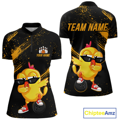 Funny Yellow Chicken Bowling Shirt Custom Polo & 1/4-Zip Bowling League Jersey for Women QZT856